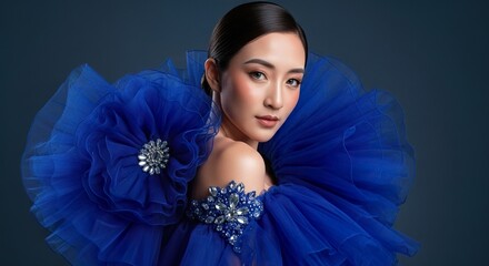 Elegant woman in royal blue tulle gown with sleek black hair in low bun, warm skin tone, soft studio lighting, crystal embellishment, artistic high-fashion portrait