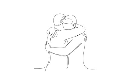 Continuous line drawing of two people hugging each other showing love and connection in a minimalist style