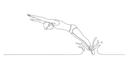 Continuous line drawing of a woman diving into water with splash effect in a minimalist style design