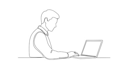 A continuous line drawing of a man in a shirt and tie working on a laptop at a desk in a minimalist style