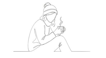 A continuous line drawing of a woman wearing a hat and holding a steaming mug of a hot beverage drink