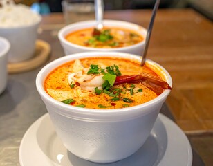 Close-up of two bowls of spicy soup with shrimp and garnishes