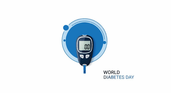 Illustration of a glucometer on a blue background for World Diabetes Day with a circular design