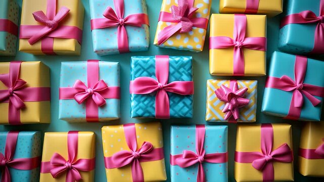 Colorful festive gifts create a vibrant holiday celebration background.