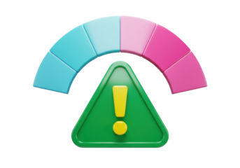 Green warning sign with exclamation mark isolated PNG, risk meter with blue and pink blocks for danger level indicator