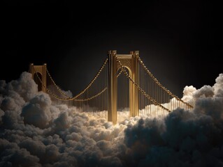 Fototapeta premium Golden bridge structure emerges from fluffy, white, cloud-like masses against dark background