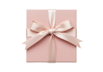 Elegant light pink gift box with satin ribbon and bow isolated, present for birthday or special occasion