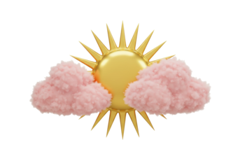 Golden sun with pink clouds isolated on transparent background, 3D rendering weather forecast icon PNG