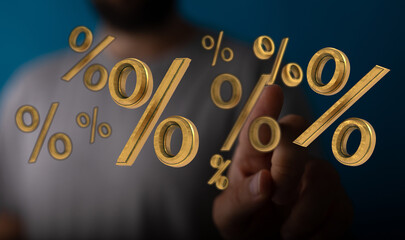Visual of floating golden percent symbols. Great for concepts of savings, finance, investment,...