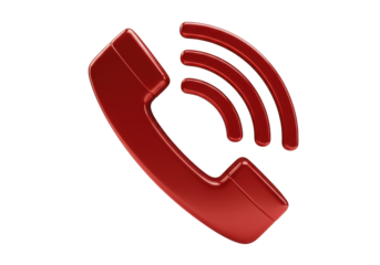 Red telephone receiver PNG isolated on transparent background, call icon for communication and contact, glossy phone symbol