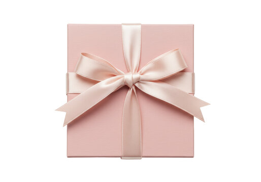 Elegant light pink gift box with satin ribbon and bow isolated, present for birthday or special occasion