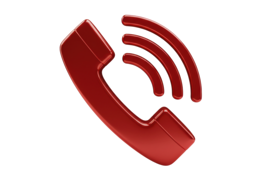 Red telephone receiver PNG isolated on transparent background, call icon for communication and contact, glossy phone symbol