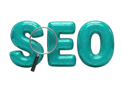 SEO 3D letters isolated with magnifying glass PNG, search engine optimization concept for marketing and business