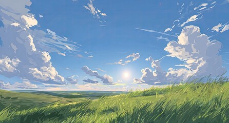 Sunny day landscape of rolling grassy hills under a bright blue sky with fluffy clouds