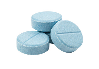Pile of three blue pills isolated on transparent background, round tablets with score line for medical treatment and pharmaceutical use