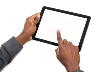 Two hands hold a blank screen tablet, finger touching the display, isolated on a transparent background for modern interface design.