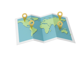 World map with golden location pins isolated on transparent background, global travel destinations and international business concept