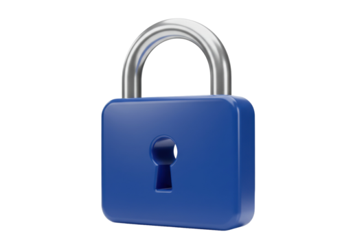 Blue padlock isolated on transparent background, security and privacy concept in PNG format, protection and safety, secure access, data encryption