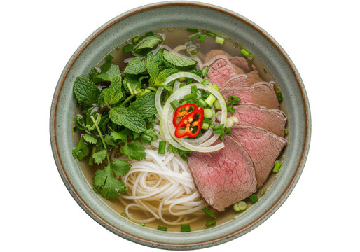 Pho Vietnamese beef noodle soup isolated, traditional cuisine with herbs, onions, and chili peppers in broth, no background