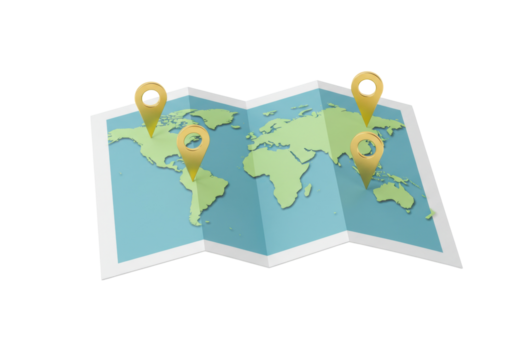World map with golden location pins isolated on transparent background, global travel destinations and international business concept