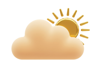 Golden sun partially covered by a cloud isolated PNG, 3D rendering weather icon for forecast and design use