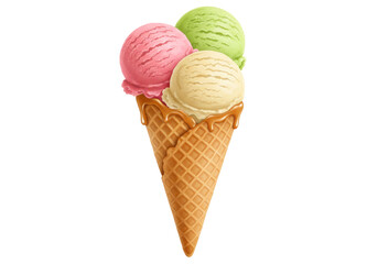 Delicious ice cream cone with three scoops isolated PNG, strawberry vanilla pistachio dessert for summer treat and sweet indulgence