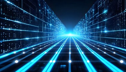 Perspective view down a futuristic digital highway with glowing blue data streams moving towards a bright horizon.