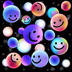 Colorful glowing smile icon face 3d bubbles floating with star shining on black background,Vector for digital social media art,fun design,party theme,cheerful abstract pattern,modern graphic project