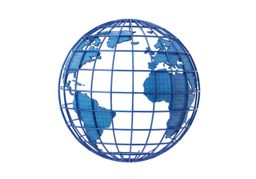 Blue wireframe globe isolated on transparent background, world map in grid structure for global business and technology concepts PNG