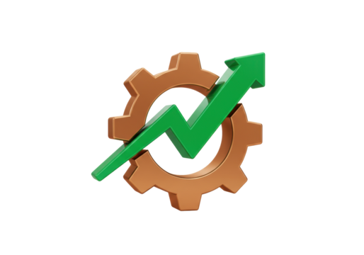 Green arrow on gear isolated PNG, symbol of business growth and industrial progress on transparent background