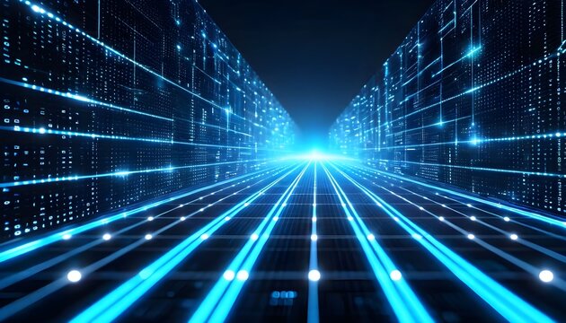 Perspective view down a futuristic digital highway with glowing blue data streams moving towards a bright horizon.