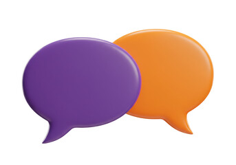 Two 3D speech bubbles PNG isolated on transparent background, purple and orange communication balloons for social media