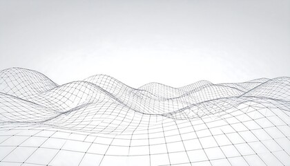 Abstract, wireframe depiction of a rolling, textured surface. Network of lines create a digital, 3D illusion across a white backdrop