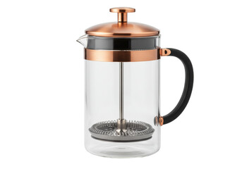 French press coffee maker isolated on transparent background, glass and copper coffee plunger for brewing