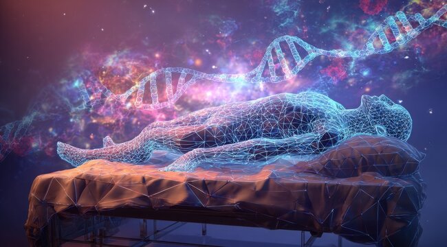 3d rendering of a human body lying on a with a holographic digital wireframe floating above it and glowing dna strands connecting to each other