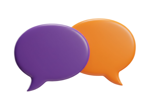 Two 3D speech bubbles PNG isolated on transparent background, purple and orange communication balloons for social media