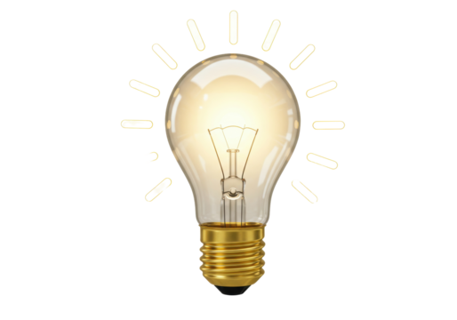 Glowing light bulb isolated on transparent background, incandescent lamp with golden base for creative ideas and innovation