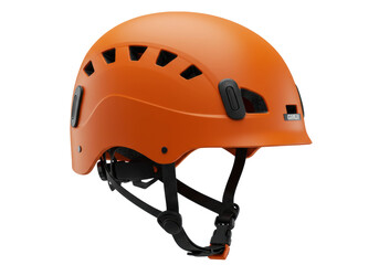 Orange climbing helmet isolated on white, safety headgear for mountaineering and outdoor sports...