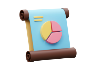 3D pie chart on a scroll PNG isolated, business data analysis and financial report presentation for infographic design