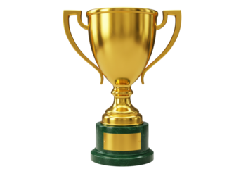 Golden trophy cup isolated on transparent background, award prize for winner and champion in sport competition PNG