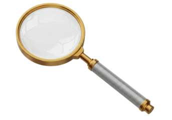 Magnifying glass with gold frame isolated PNG, classic detective tool for investigation and reading on transparent background