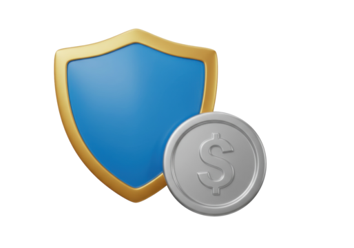 Blue and gold shield with silver dollar coin isolated on transparent background, financial security and protection PNG
