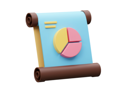 3D pie chart on a scroll PNG isolated, business data analysis and financial report presentation for infographic design