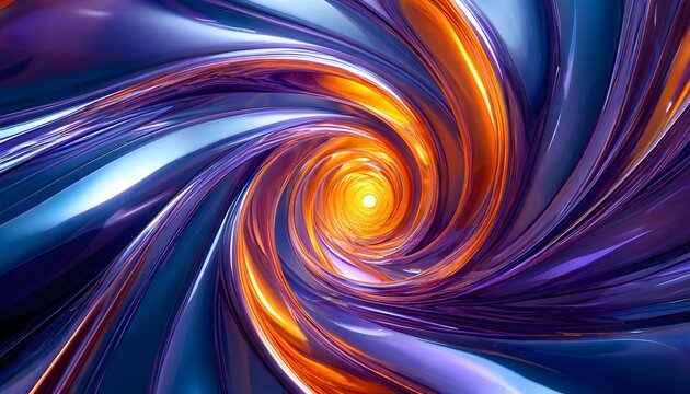 A dynamic abstract swirl of reflective purple, blue, and orange metallic forms spiraling into a glowing central light.