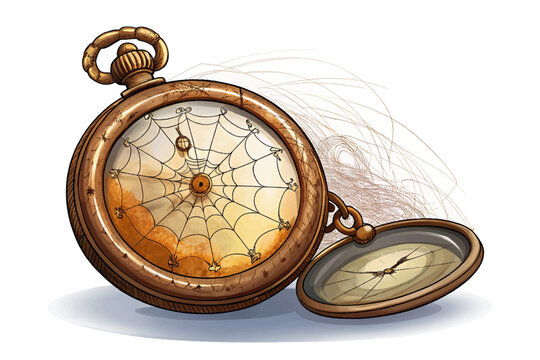 Ancient rusty pocket watch vector stopped at midnight, covered in dust and cobwebs, white isolated background