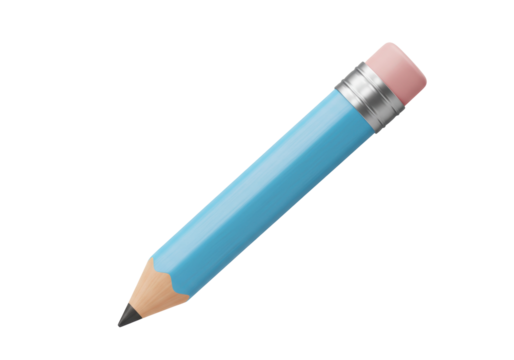 Light blue pencil with eraser isolated PNG, writing instrument for drawing sketching and note taking on transparent background