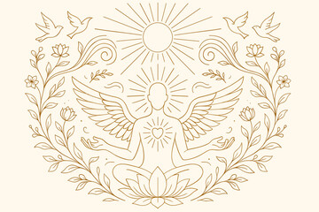 Fototapeta premium Enlightened Soul with Wings — Spiritual Awakening and Meditation Line Art