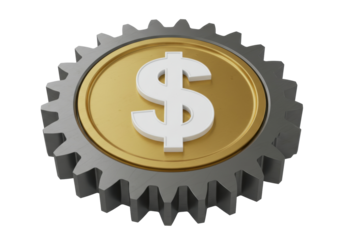 Golden coin with dollar sign in a gray gear isolated, financial mechanism concept for business and investment PNG