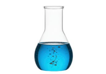 Erlenmeyer flask with blue liquid and bubbles isolated on transparent background, laboratory glassware for scientific experiments
