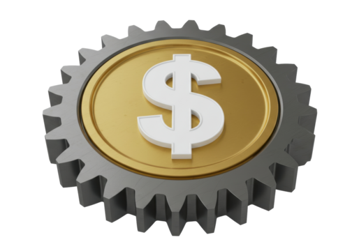 Golden coin with dollar sign in a gray gear isolated, financial mechanism concept for business and investment PNG - Powered by Adobe